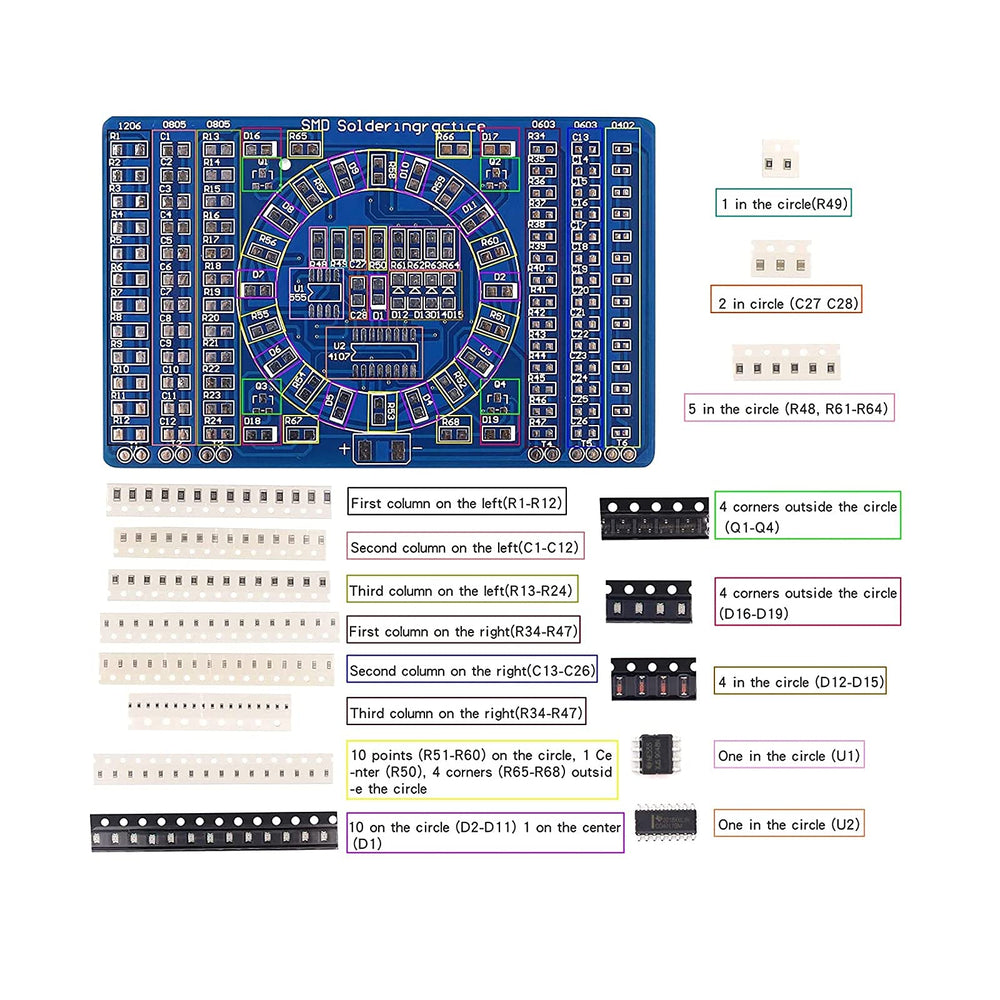 D DZRCOXI Soldering Practice Kit component layout for diverse SMT practice.