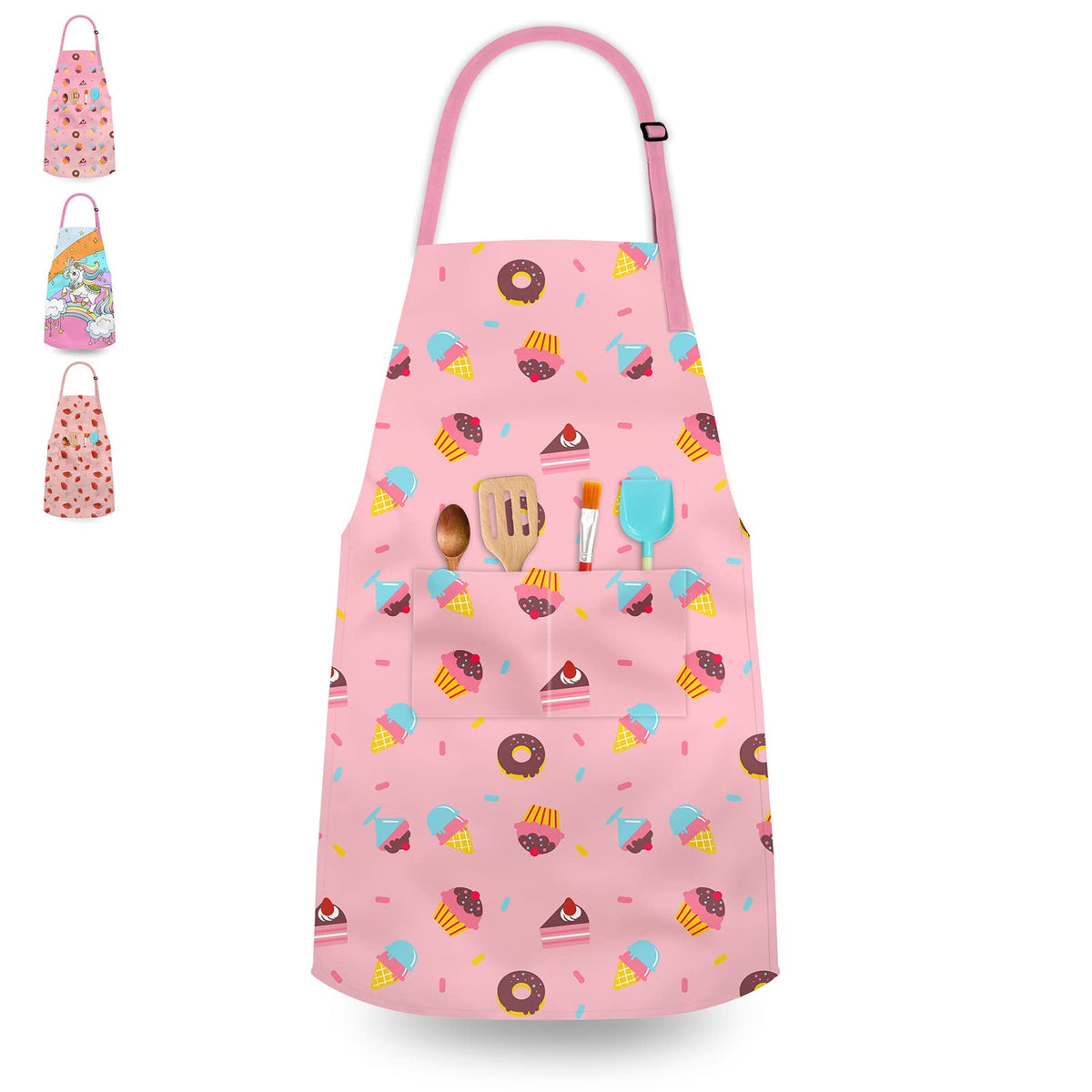 DEABOLAR kids apron with donut pink design keeps clothes clean during baking and crafts.