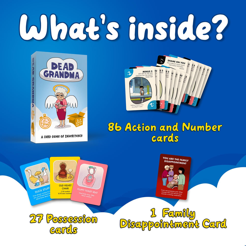 Dead Grandma card-game play setup shows a quick, social setup for 2-4 players