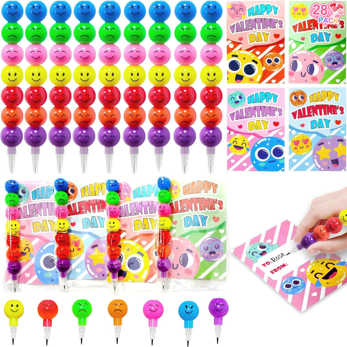 Dealot valentines-emojis-pencils stacked with seven expressions for classroom fun.