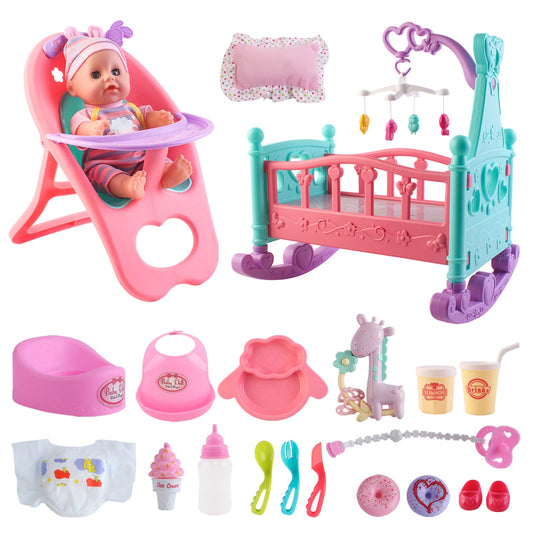 deAO 12-inch baby doll with crib for nurturing role-play and imaginative care.