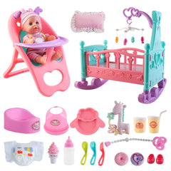 deAO 12-inch baby doll with crib for nurturing role-play and imaginative care.