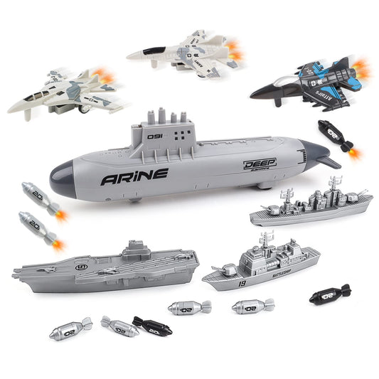 The deAO Aircraft Carrier Toy Play Set shown with full fleet for imaginative battle play.