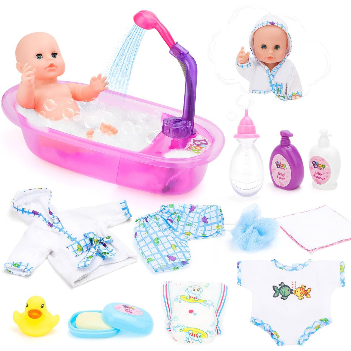deAO 13-inch baby doll with bath tub for lifelike bath time play and nurturing interaction.