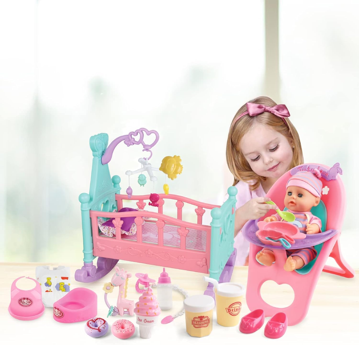 deAO baby doll mobile enhances soothing pretend caregiving play.