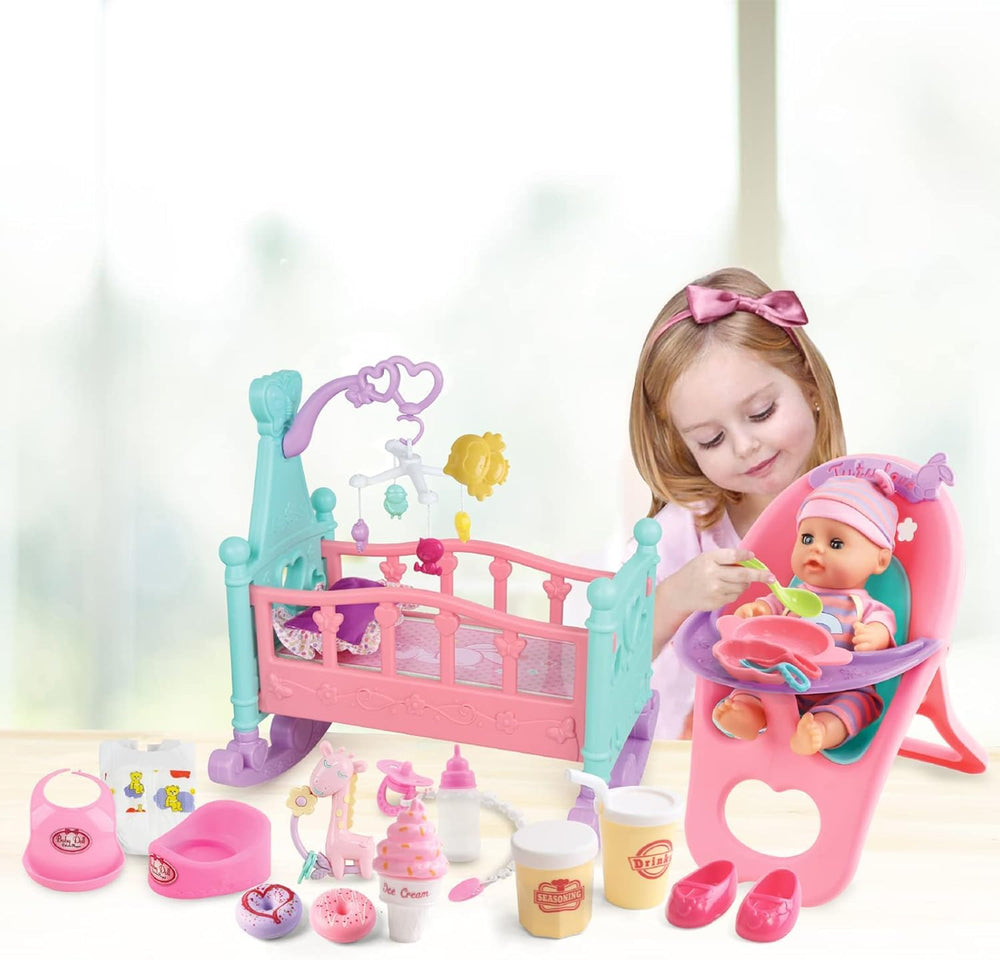 deAO baby doll mobile enhances soothing pretend caregiving play.