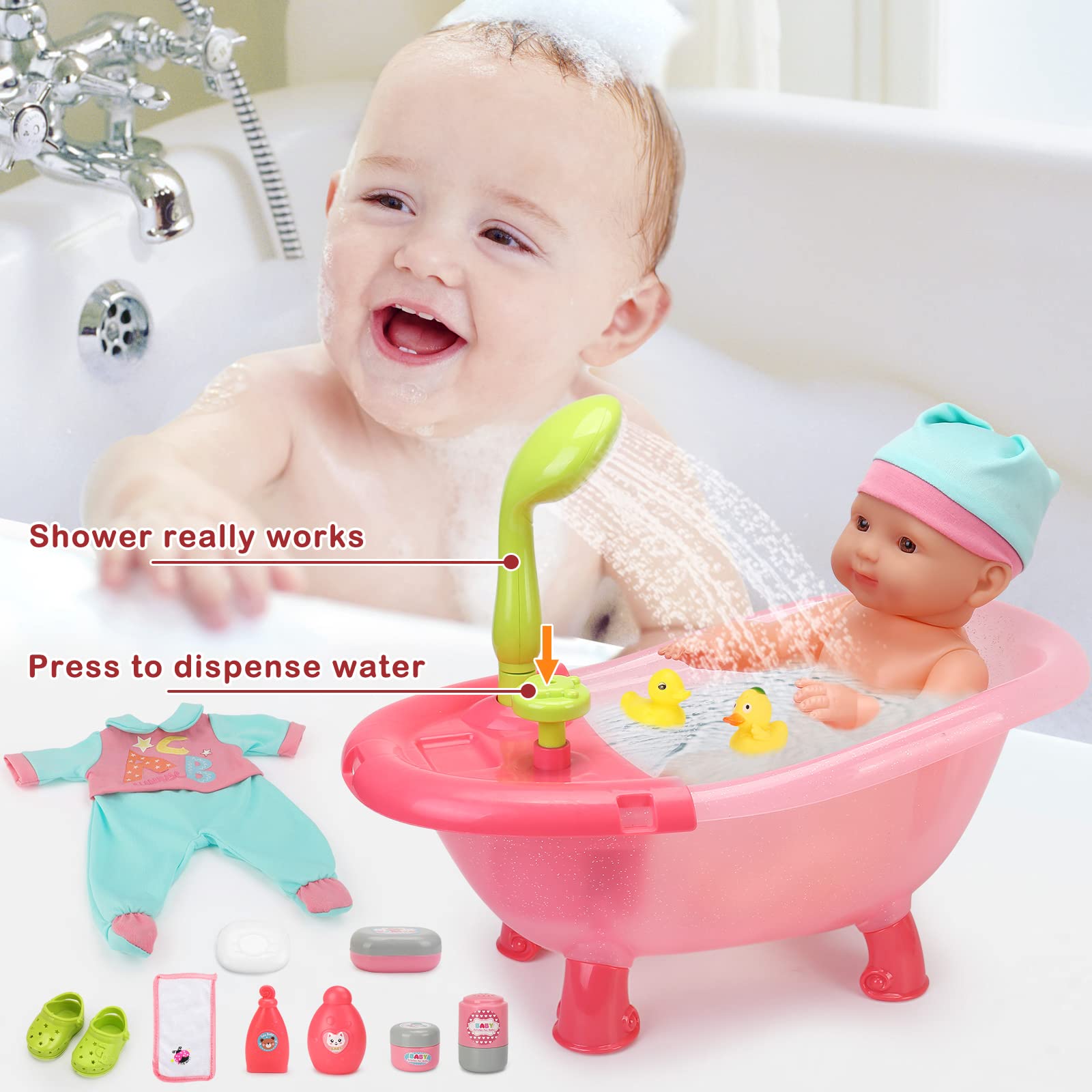 deAO Baby Doll Set bath time scene with doll bath accessories for imaginative care.