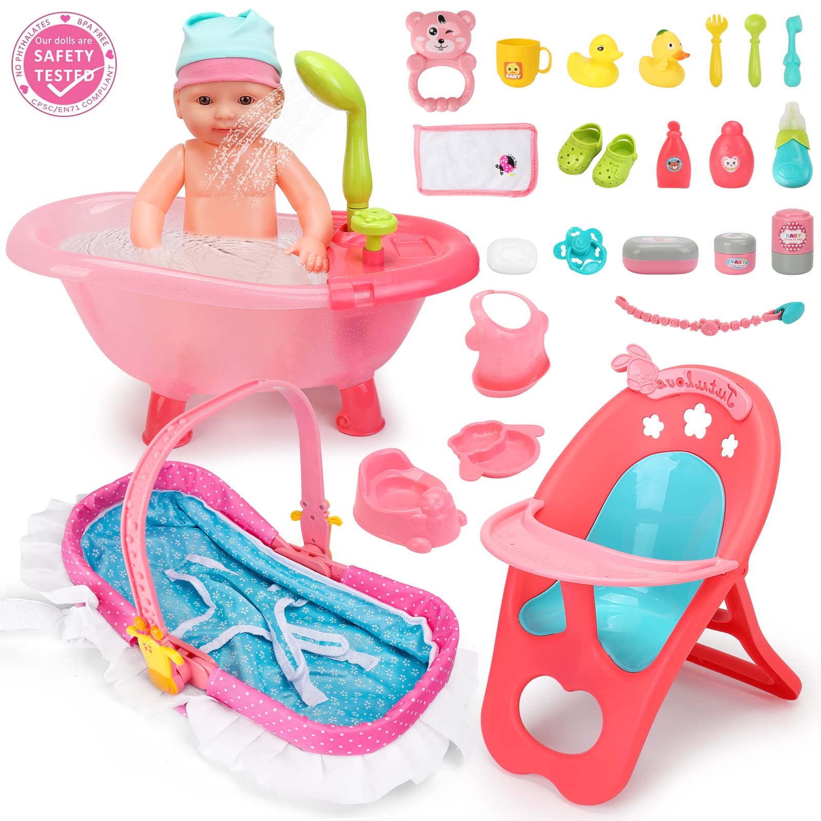 deAO Baby Doll Set bib for mess-friendly caregiving scenarios.