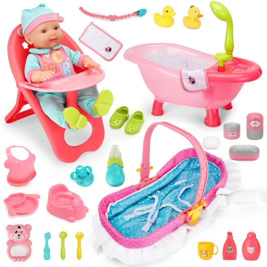 deAO Baby Doll Set high chair for realistic feeding pretend play.