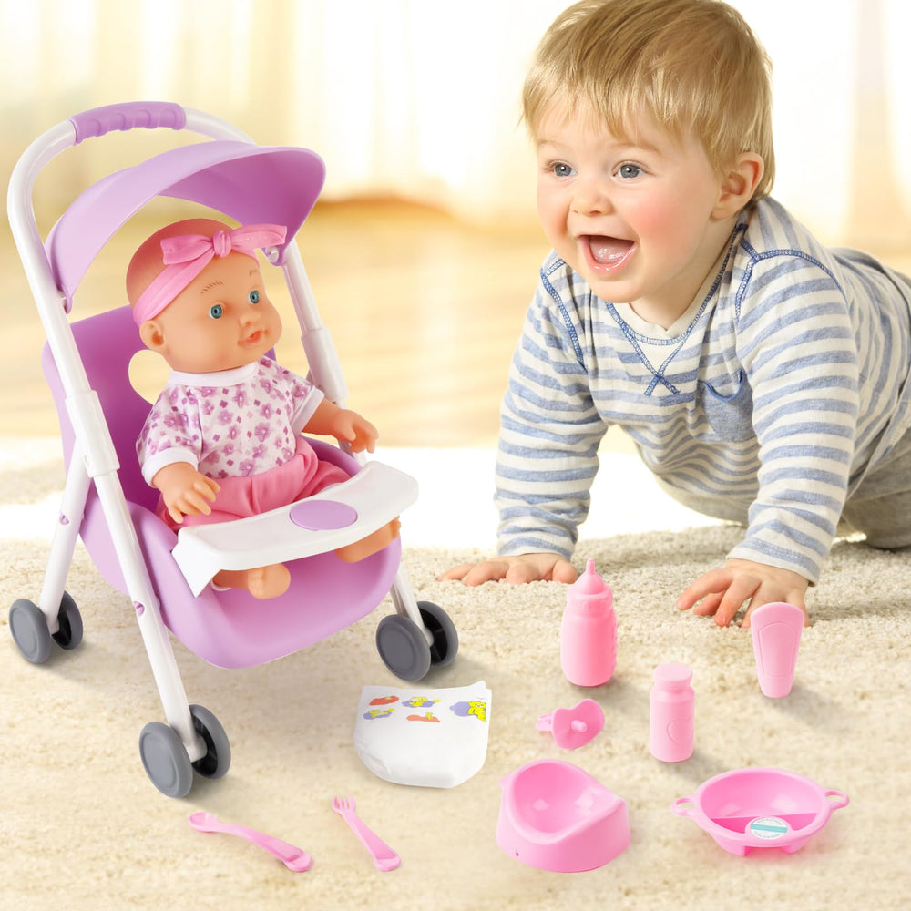 deAO Baby Doll Set mobile high chair for pretend feeding activities