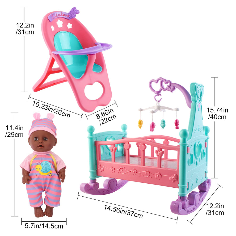 deAO Black Baby Doll Set feeding bottle supports pretend nourishment.