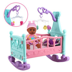 deAO Black Baby Doll Set mini crib supports caretaking scenarios during play.