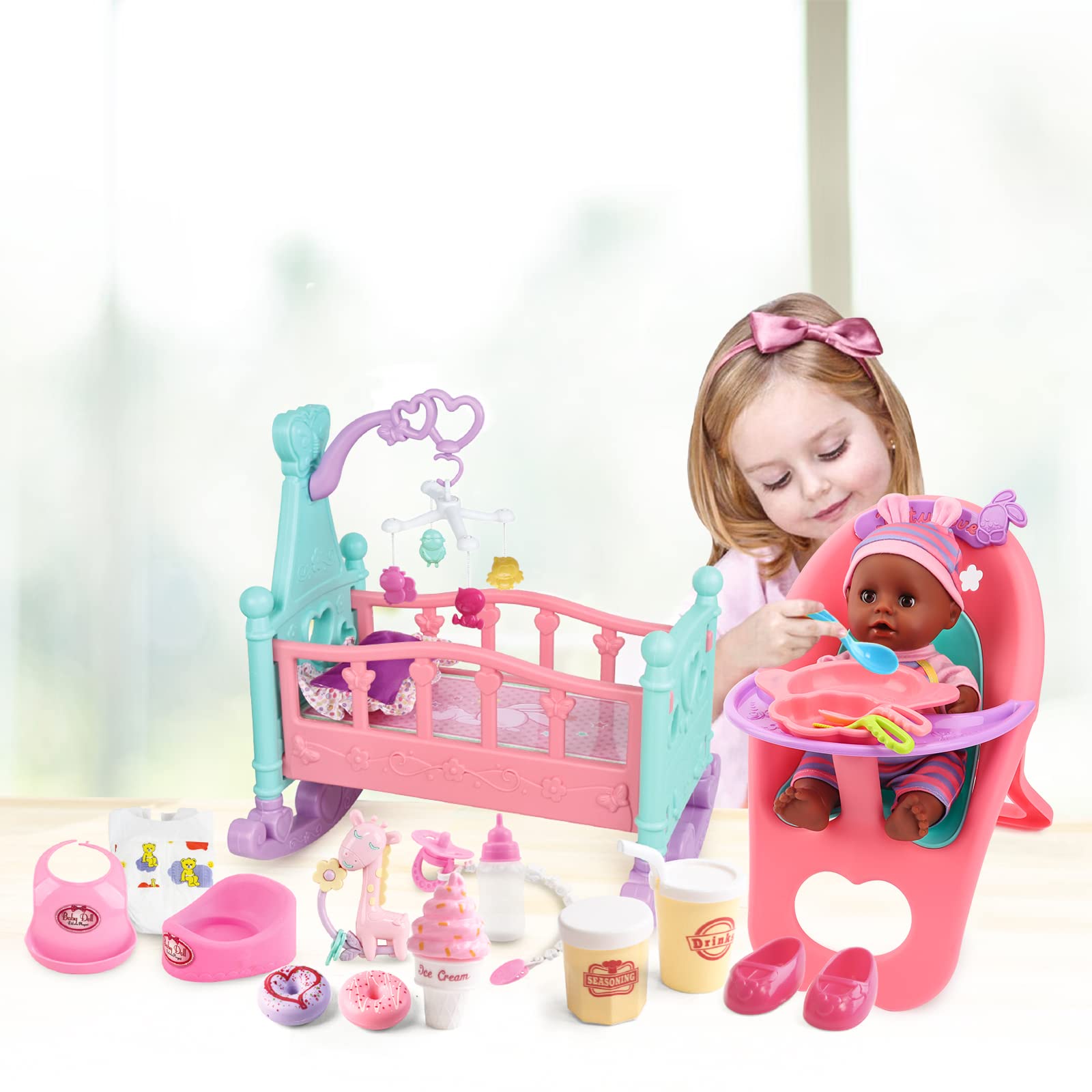 deAO Black Baby Doll Set pacifier promotes soothing comfort during play.