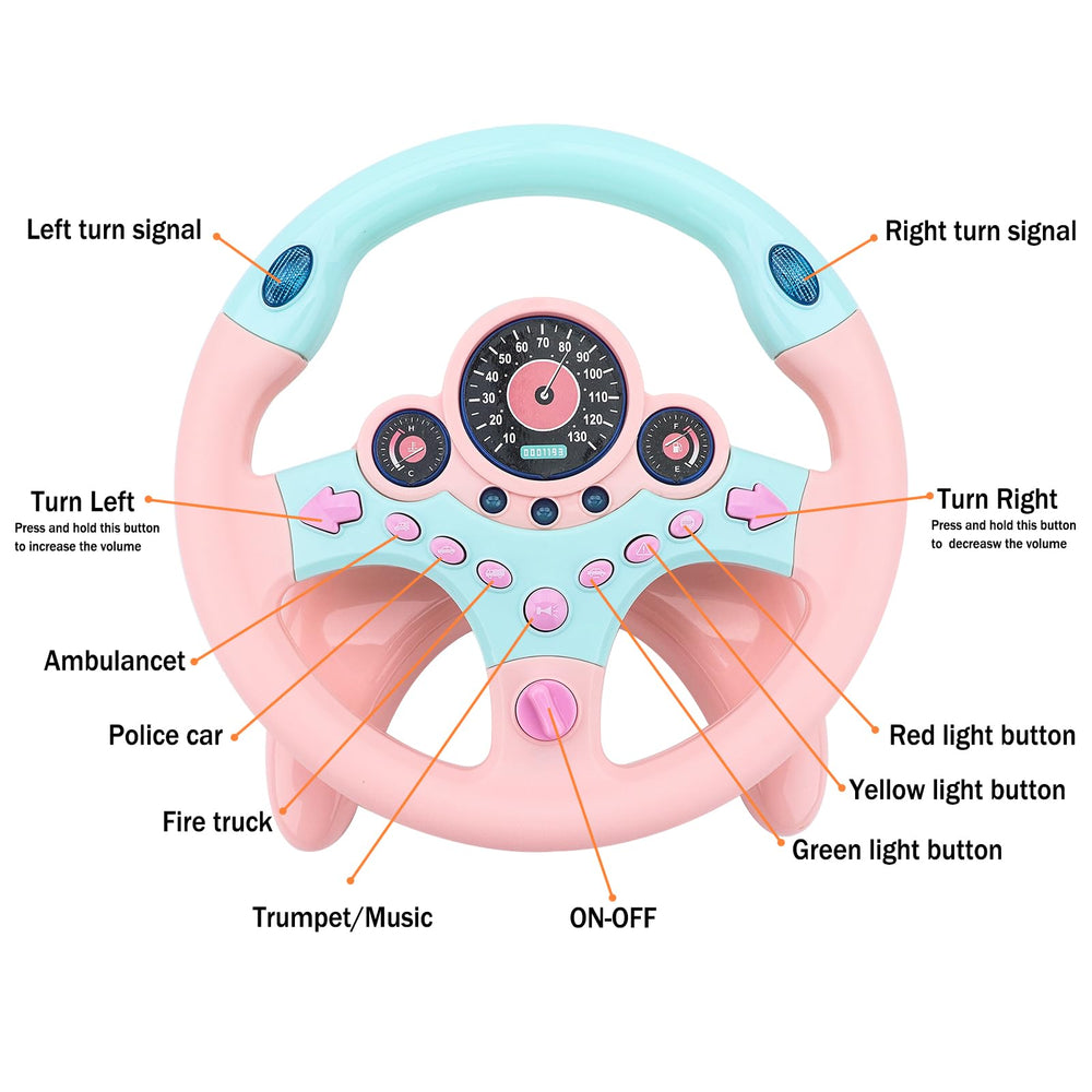 deAO Kids Steering Wheel dashboard-lights simulate realistic cues for pretend driving.
