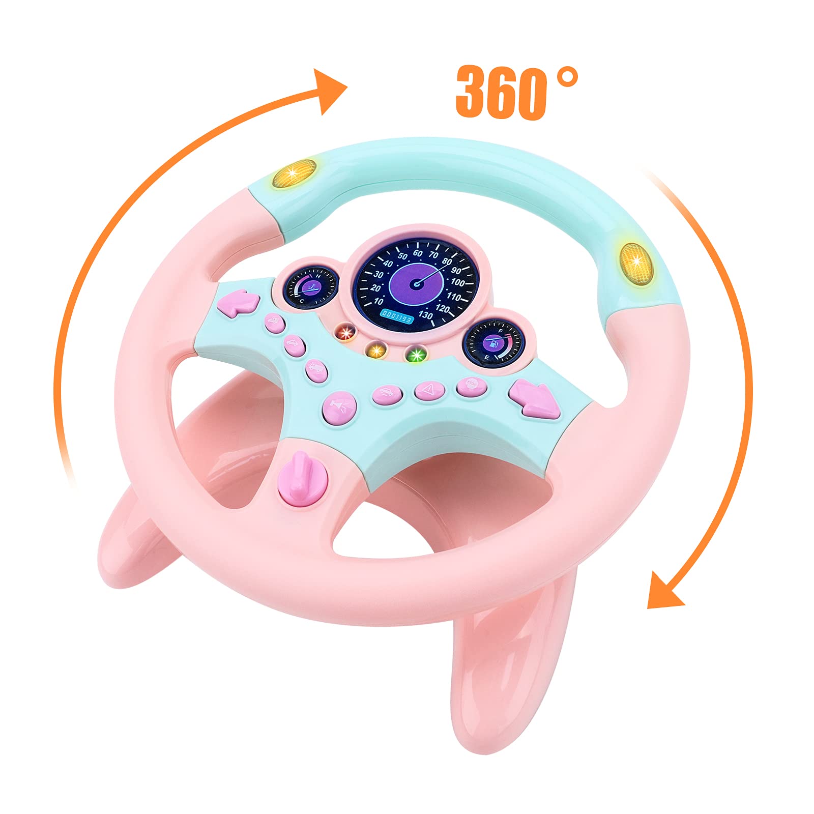 deAO Kids Steering Wheel speedometer-fuel gauge adds pretend vehicle metrics for learning.