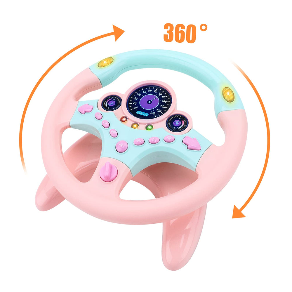 deAO Kids Steering Wheel speedometer-fuel gauge adds pretend vehicle metrics for learning.