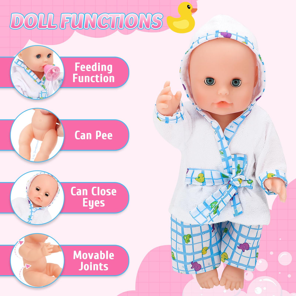 deAO pretend lotion and shampoo bottles support squeeze-and-play activities.