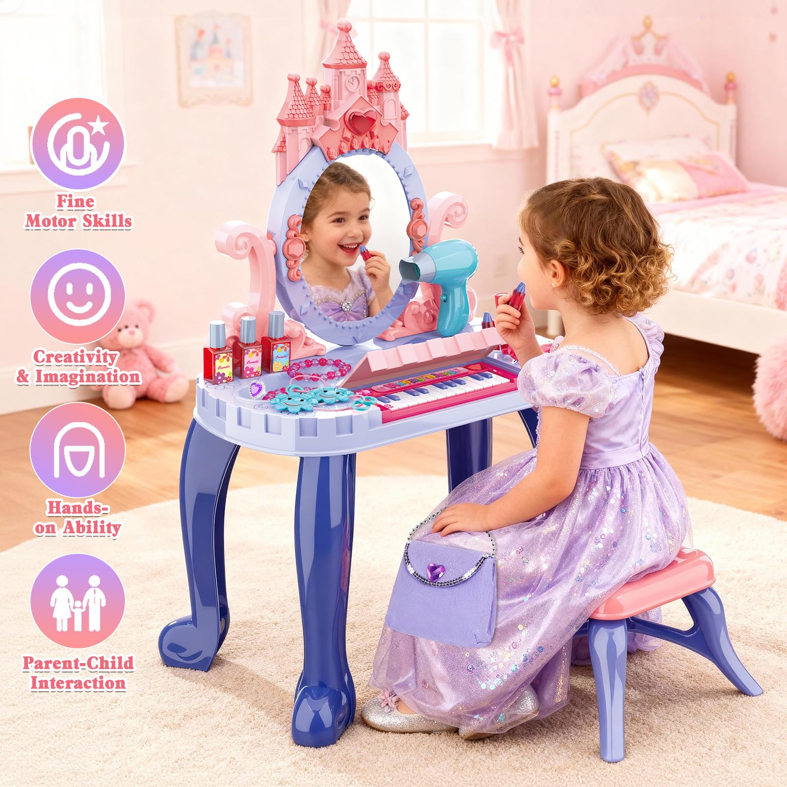 DeAO blue vanity stool provides comfy seating for makeup moments.