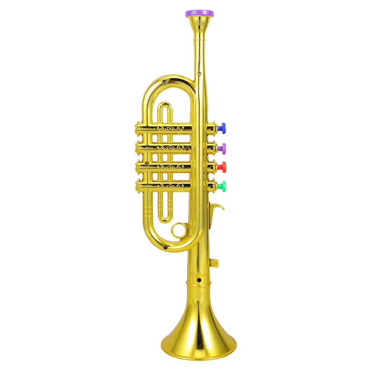 DEARMAMY plastic trumpet toy with four color-coded keys for easy song learning.