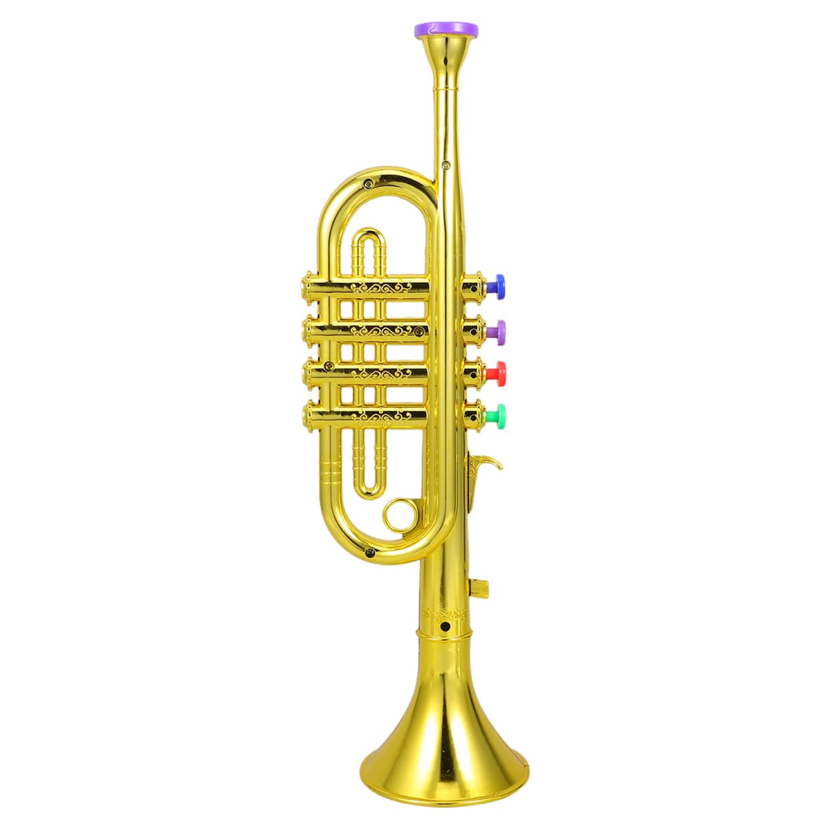 DEARMAMY plastic trumpet toy with four color-coded keys for easy song learning.