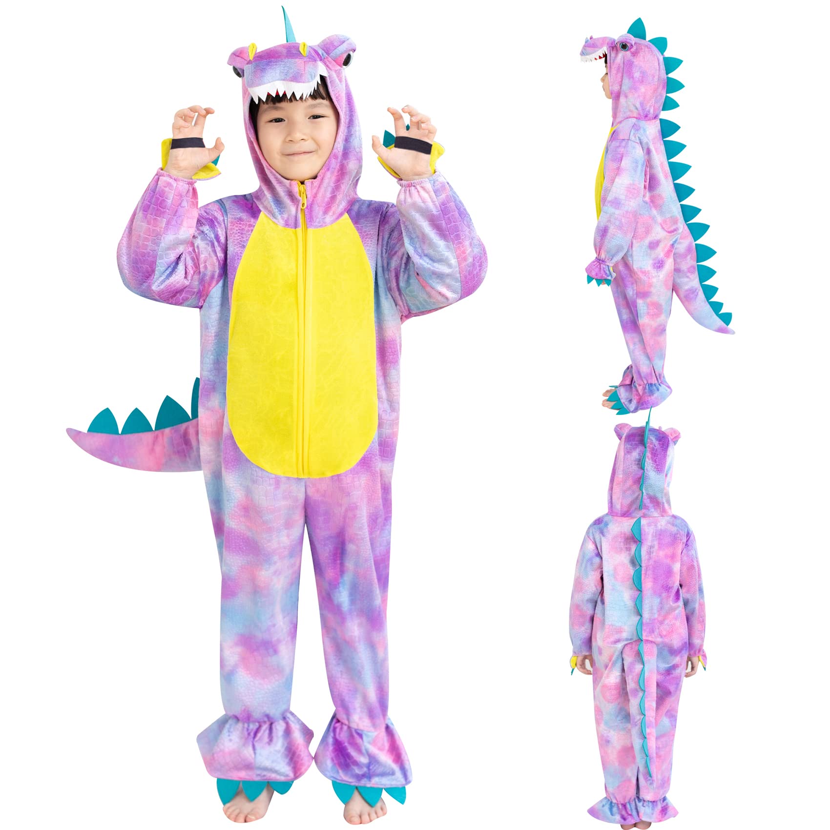 DearSun child-costume front-zip dino; easy on/off for busy mornings.