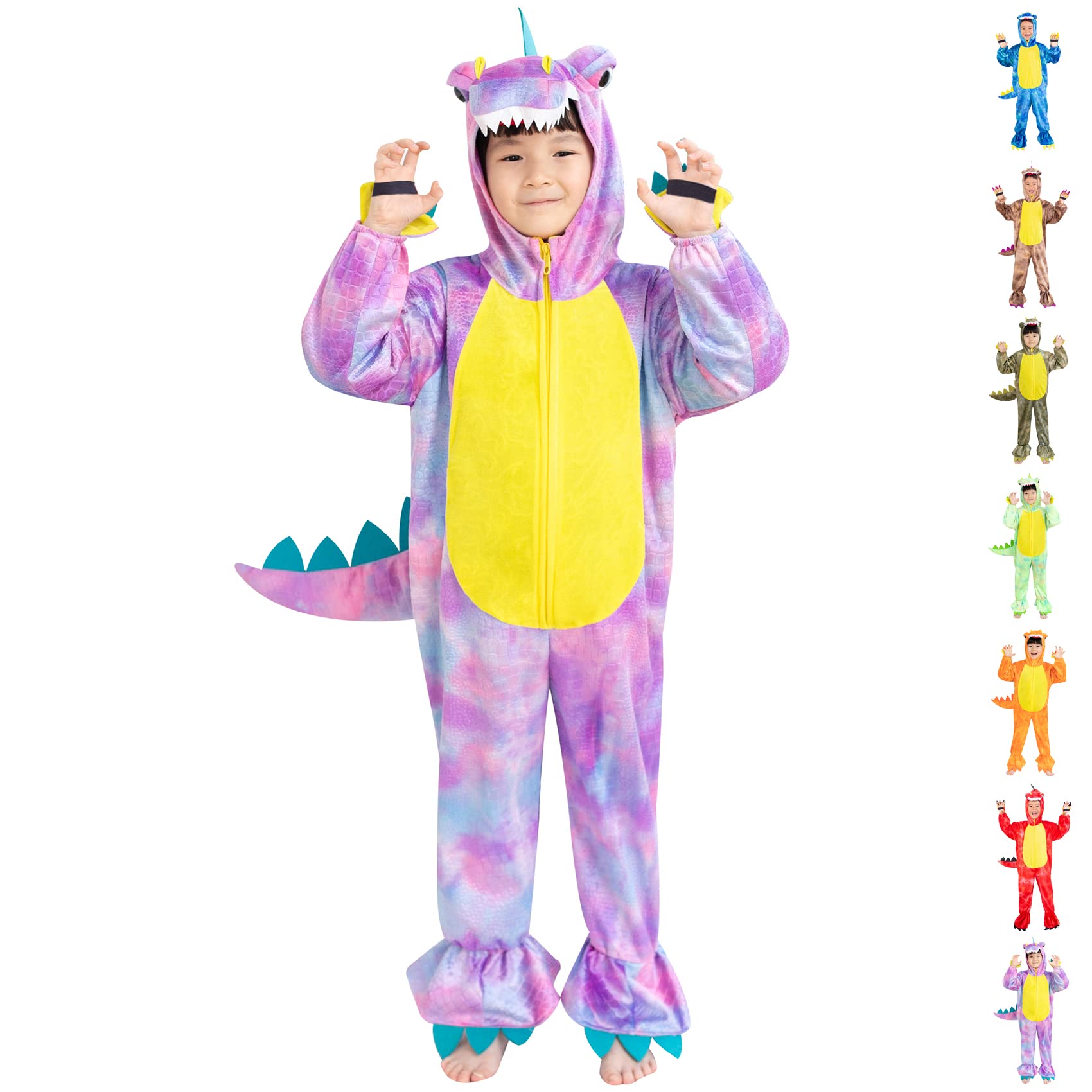 DearSun T-Rex dino costume; hooded jumpsuit keeps kids warm and ready for play.