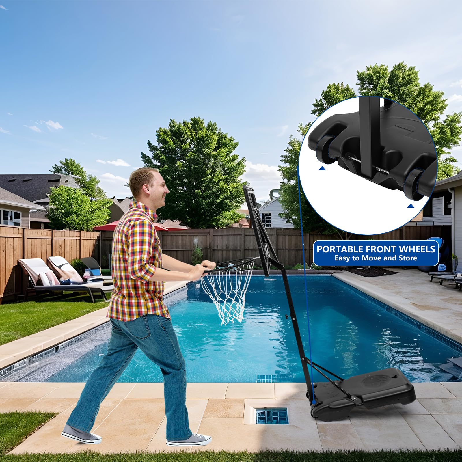 DEBERG pool hoop includes ball and air pump for quick games.