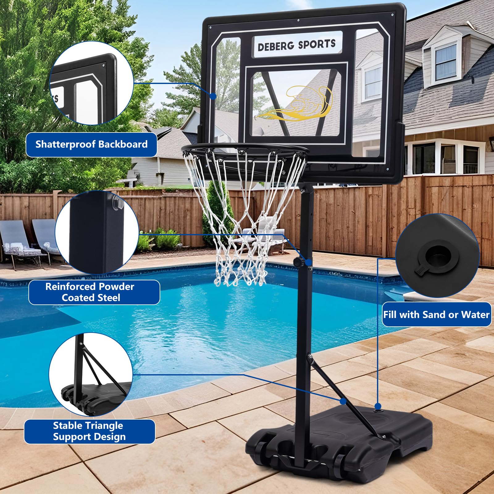 Portable DEBERG pool hoop with wheels for easy relocation around the pool area.