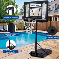 Portable DEBERG pool hoop with wheels for easy relocation around the pool area.