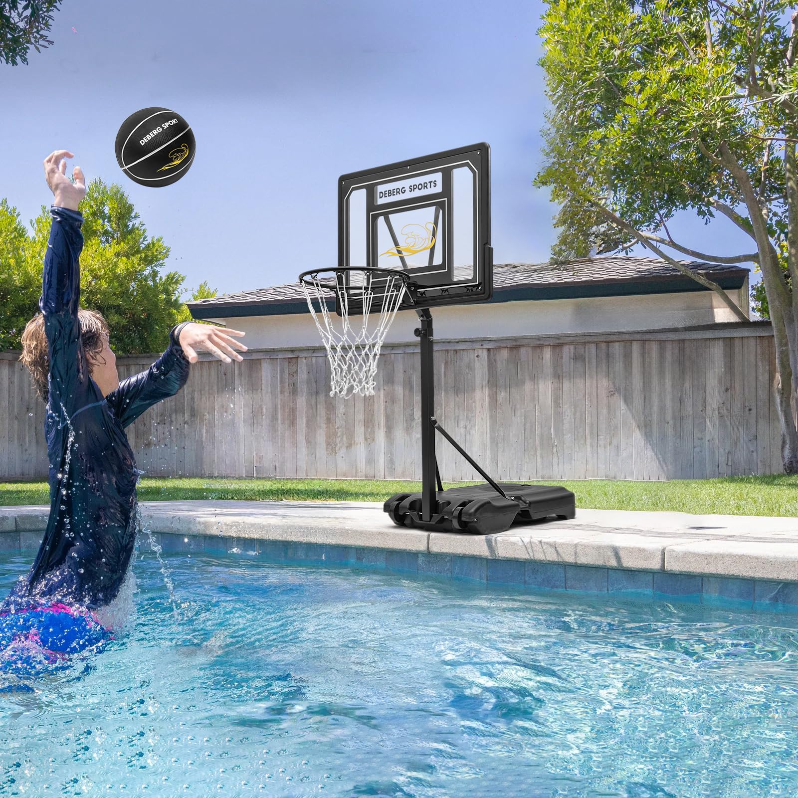 Stable base on DEBERG pool hoop set filled with water or sand for stability.