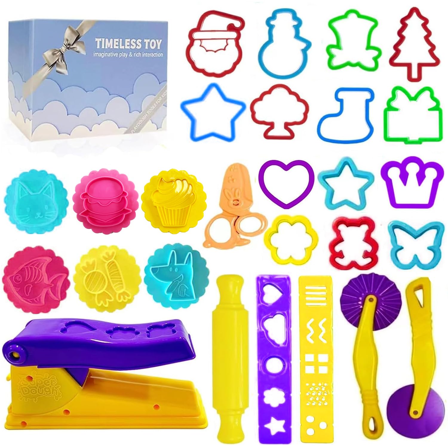 Decebaya dough tools with animal molds promoting imaginative play and motor skill development.