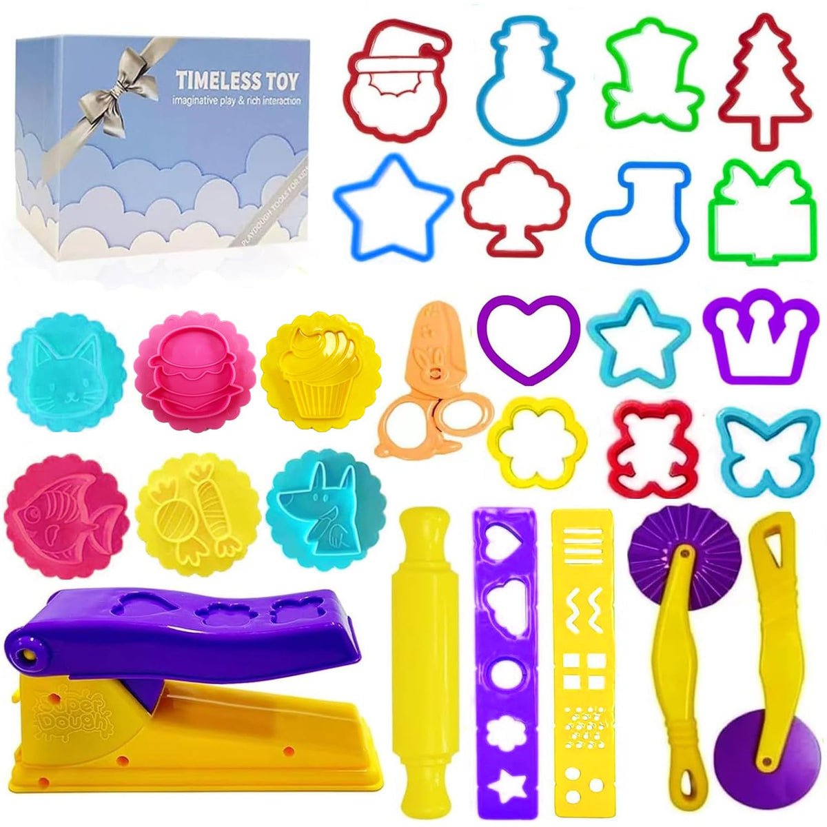 Decebaya dough tools with animal molds promoting imaginative play and motor skill development.
