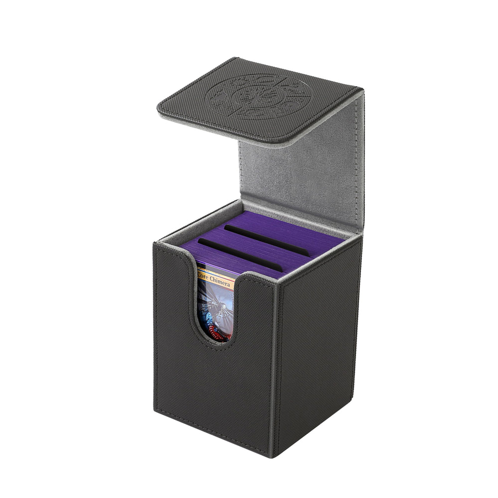 DeckDwell card box interior showing 100+ single-sleeved cards fit securely