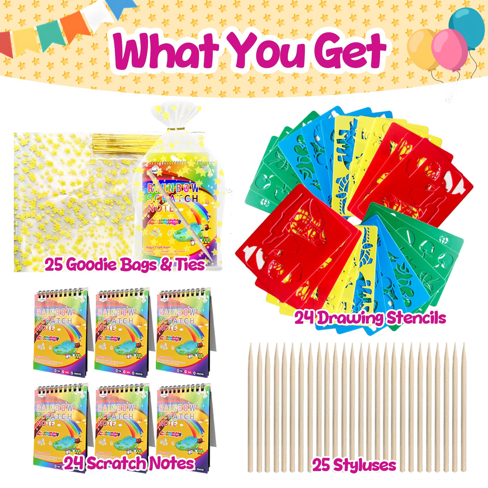 Decojoy rainbow scratch notebooks on display show vivid color reveals after scratching.
