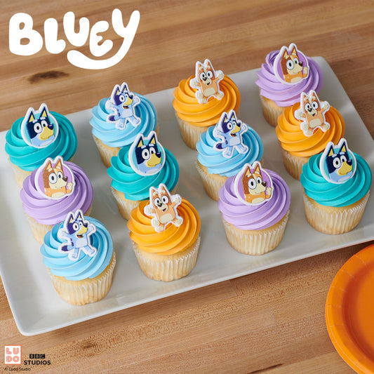 DecoPac Bluey rings characters Bluey Bingo Bandit Chilli for kids' parties.