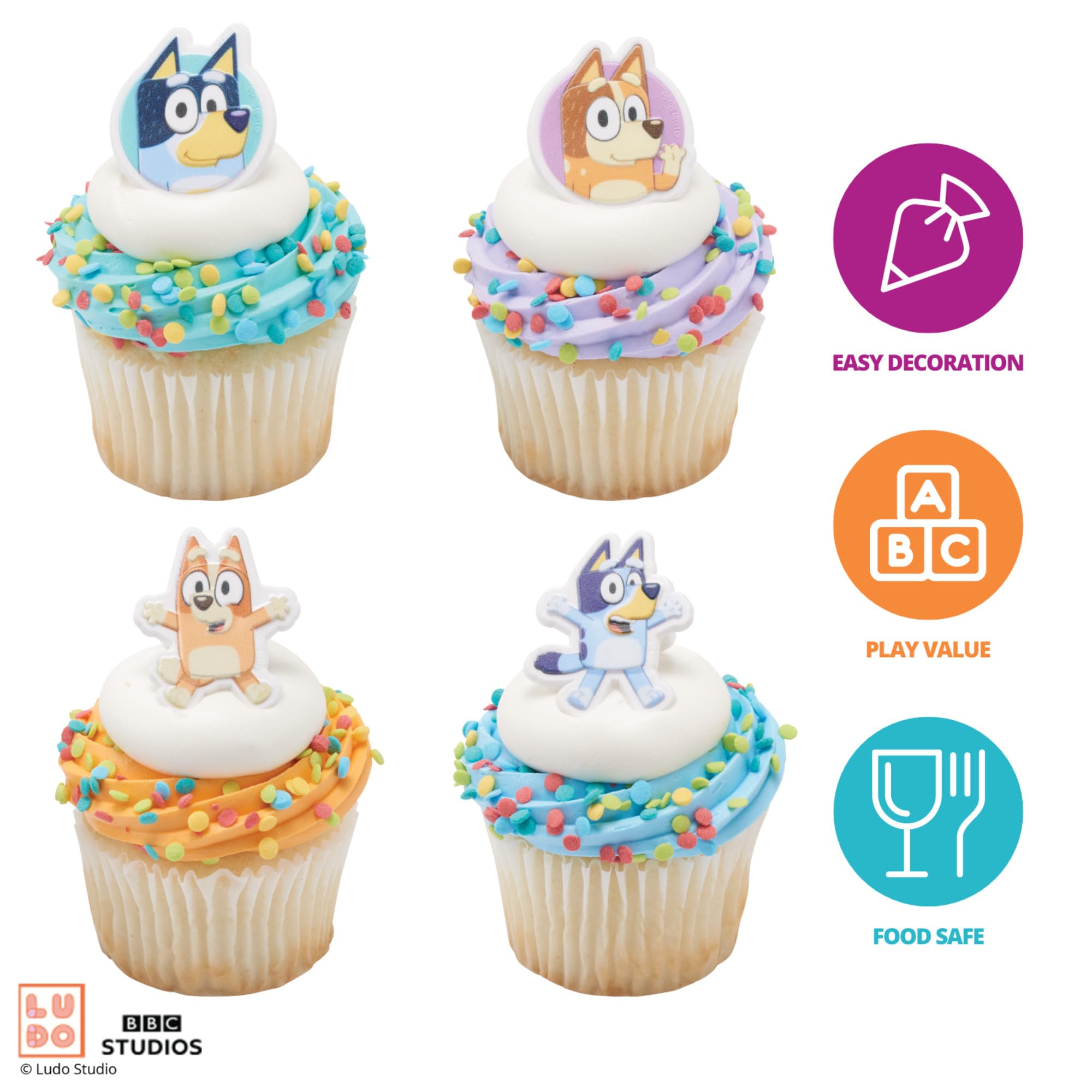 DecoPac Bluey So Much Fun Rings close-up 3D design on cupcake.