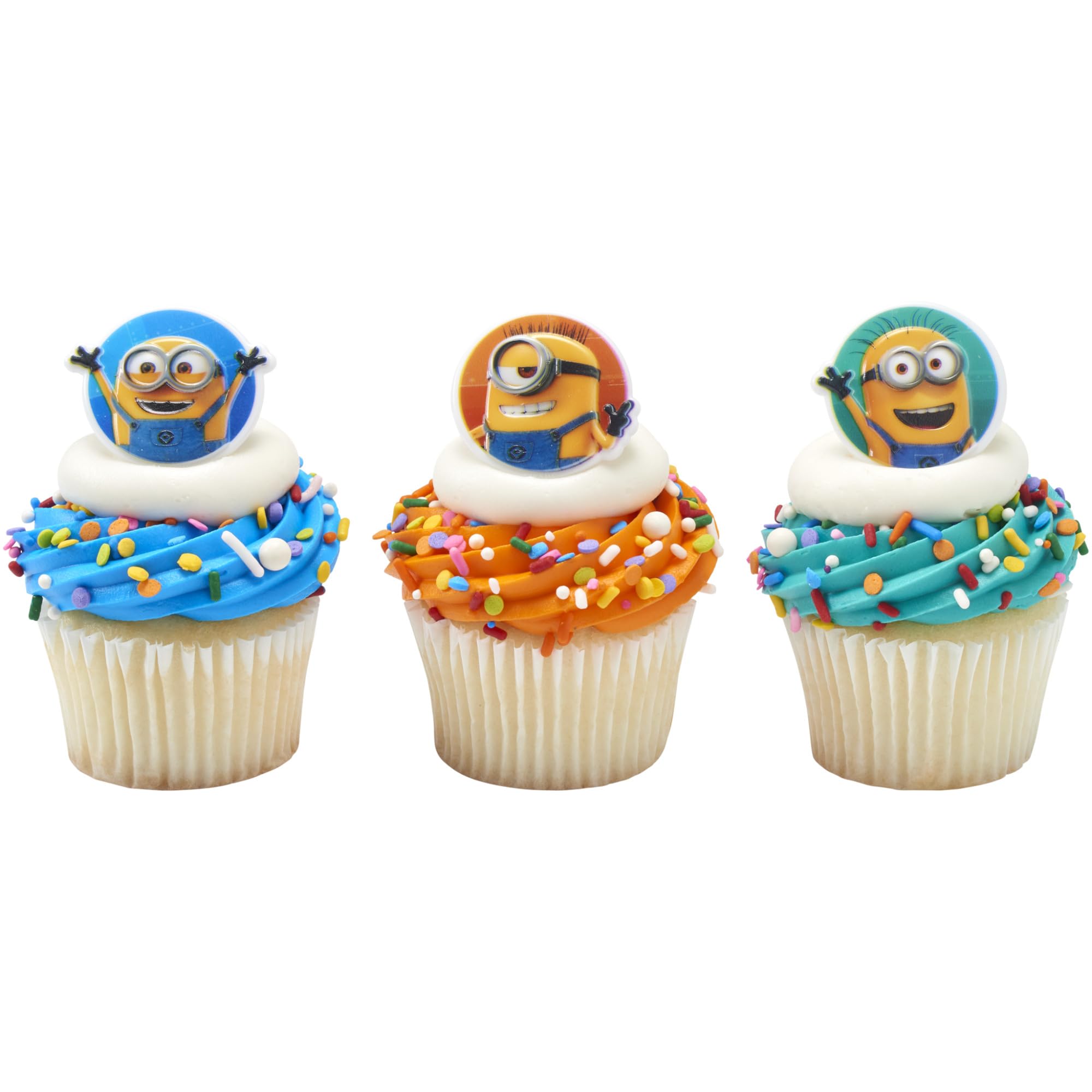 Minions cupcake rings on a cake add whimsy and personality.