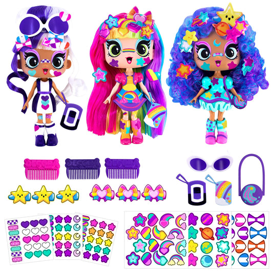 DECORA GIRLZ 5-inch Pack A dolls trio with vibrant outfits for imaginative styling.