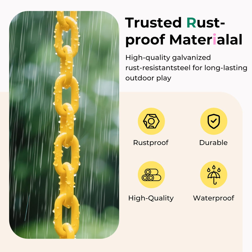 Decorlife coated chains closeup emphasizes rust-proof steel and kid-friendly grip for safe play.