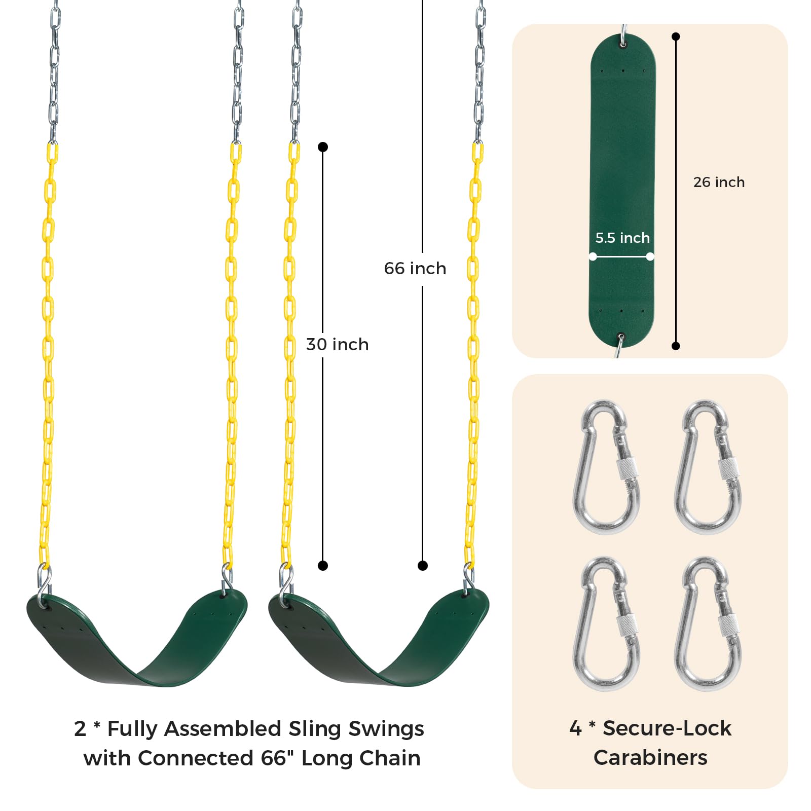 Decorlife includes 2 seats, 4 chains, and 4 hooks.