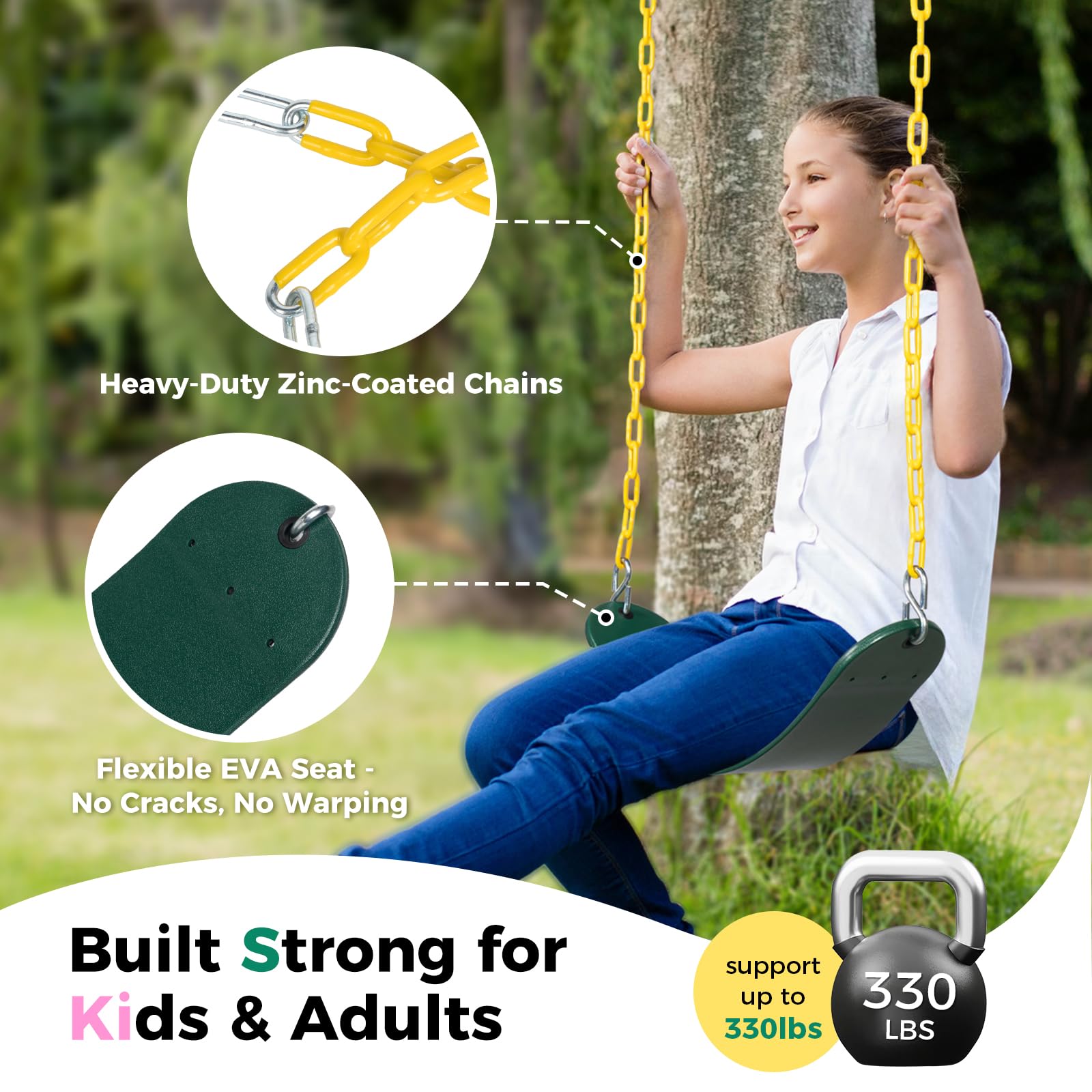 Decorlife thermoplastic-coated chains reduce pinches and tangling risk.