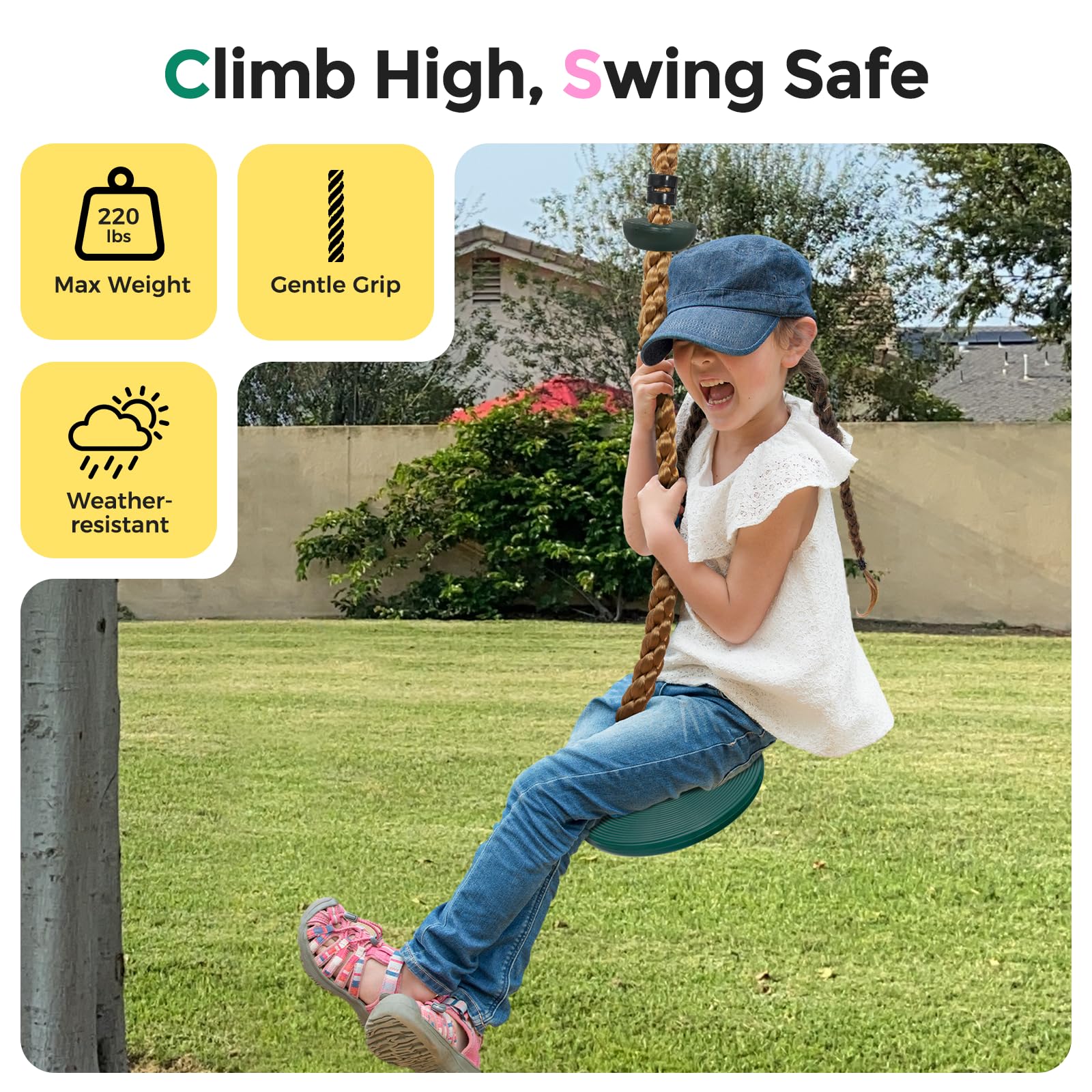 DECORLIFE swing includes metal ring, locking carabiner, and sturdy strap for easy setup.