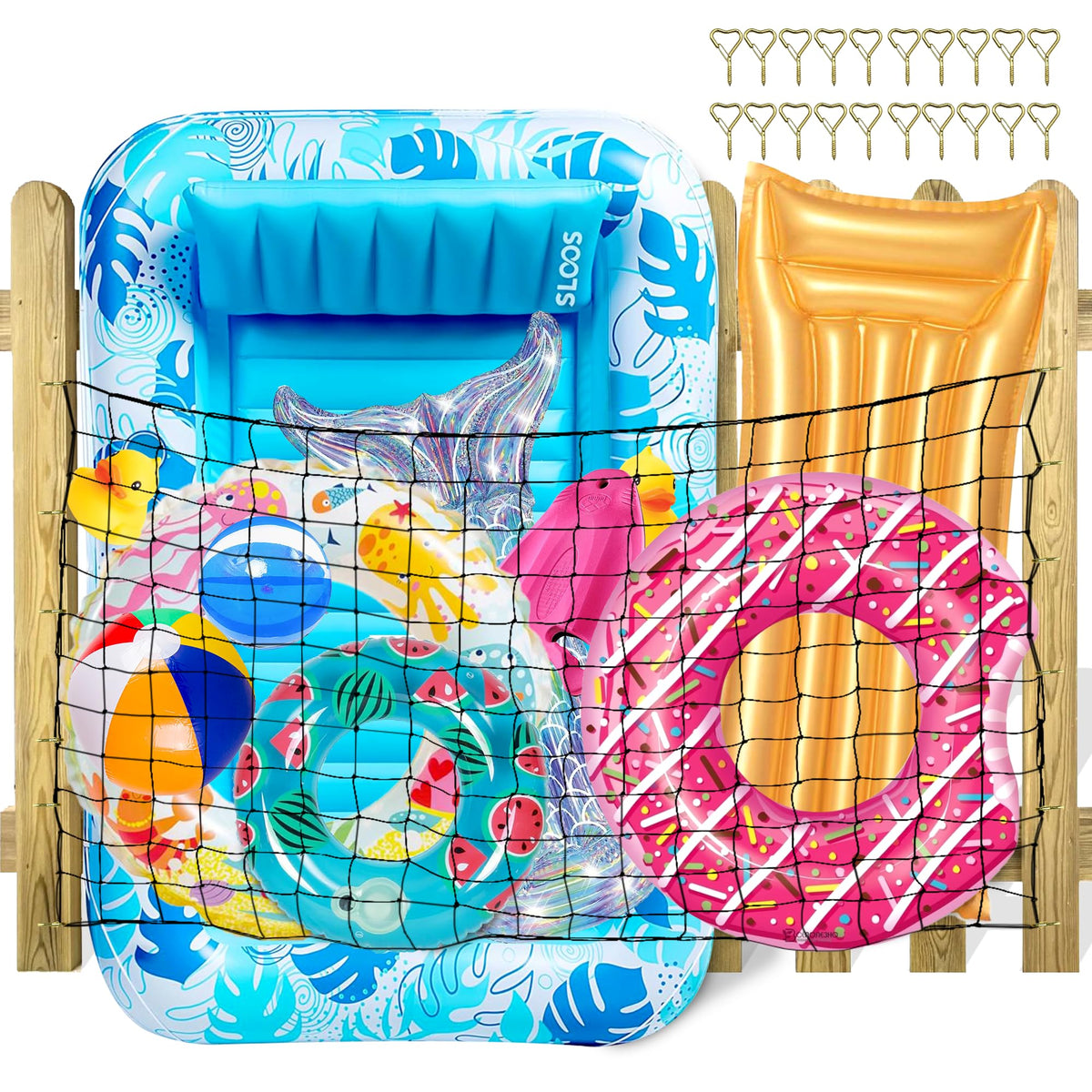 DECORSWITH extra-large pool toy storage net on fence keeps floats organized and dry.
