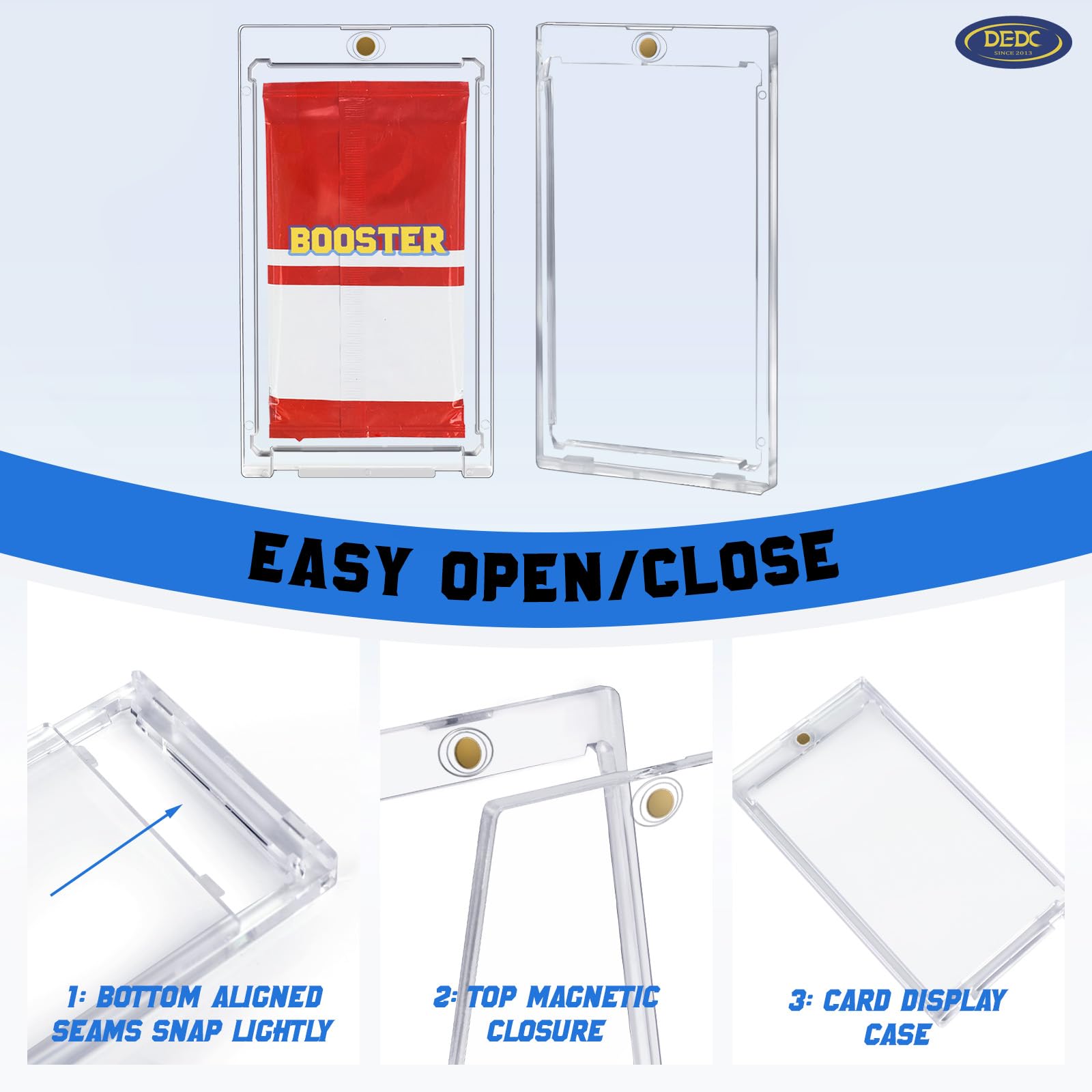 DEDC fits most standard TCG packs with precise interior dimensions.