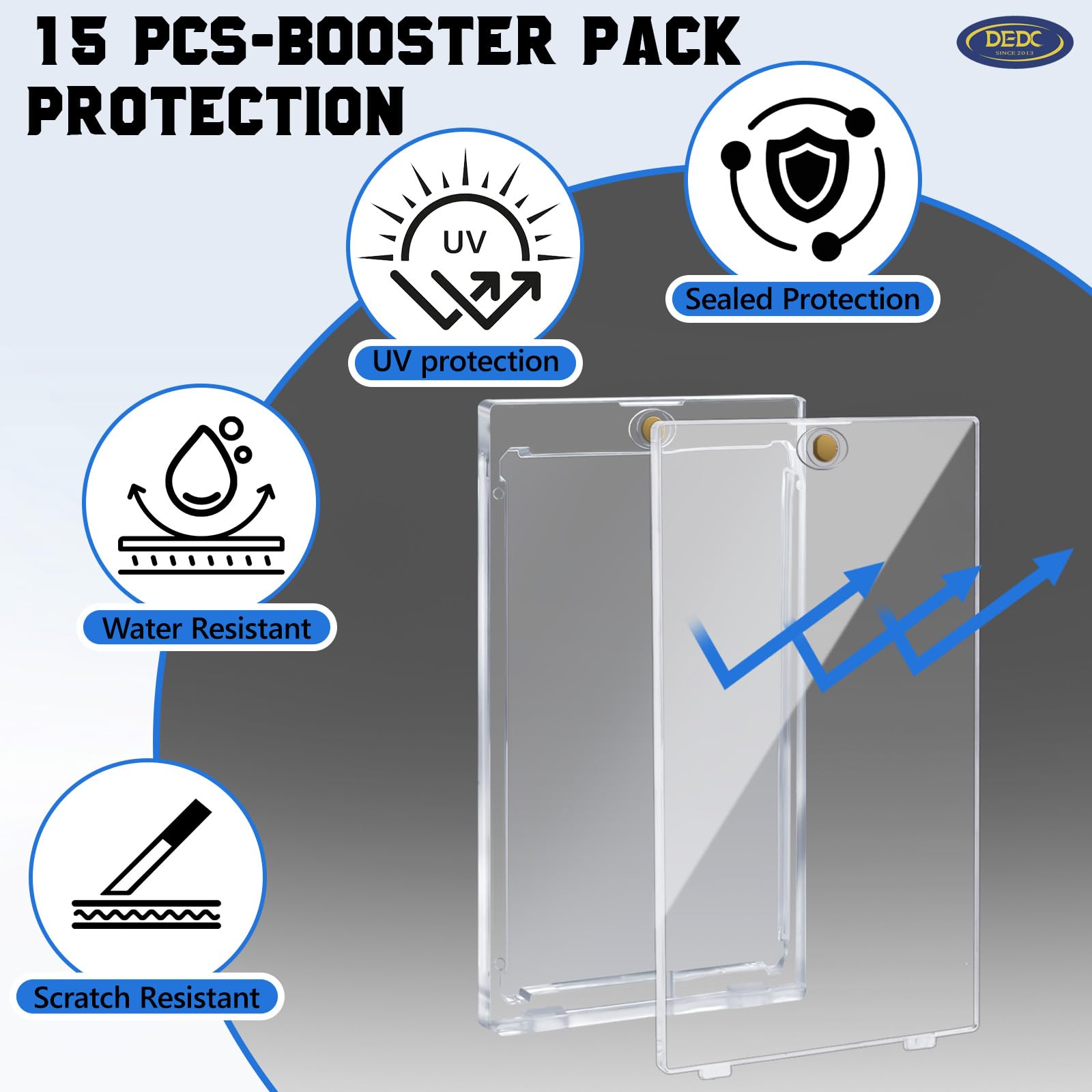 DEDC UV-resistant acrylic protects booster packs from fading during display.