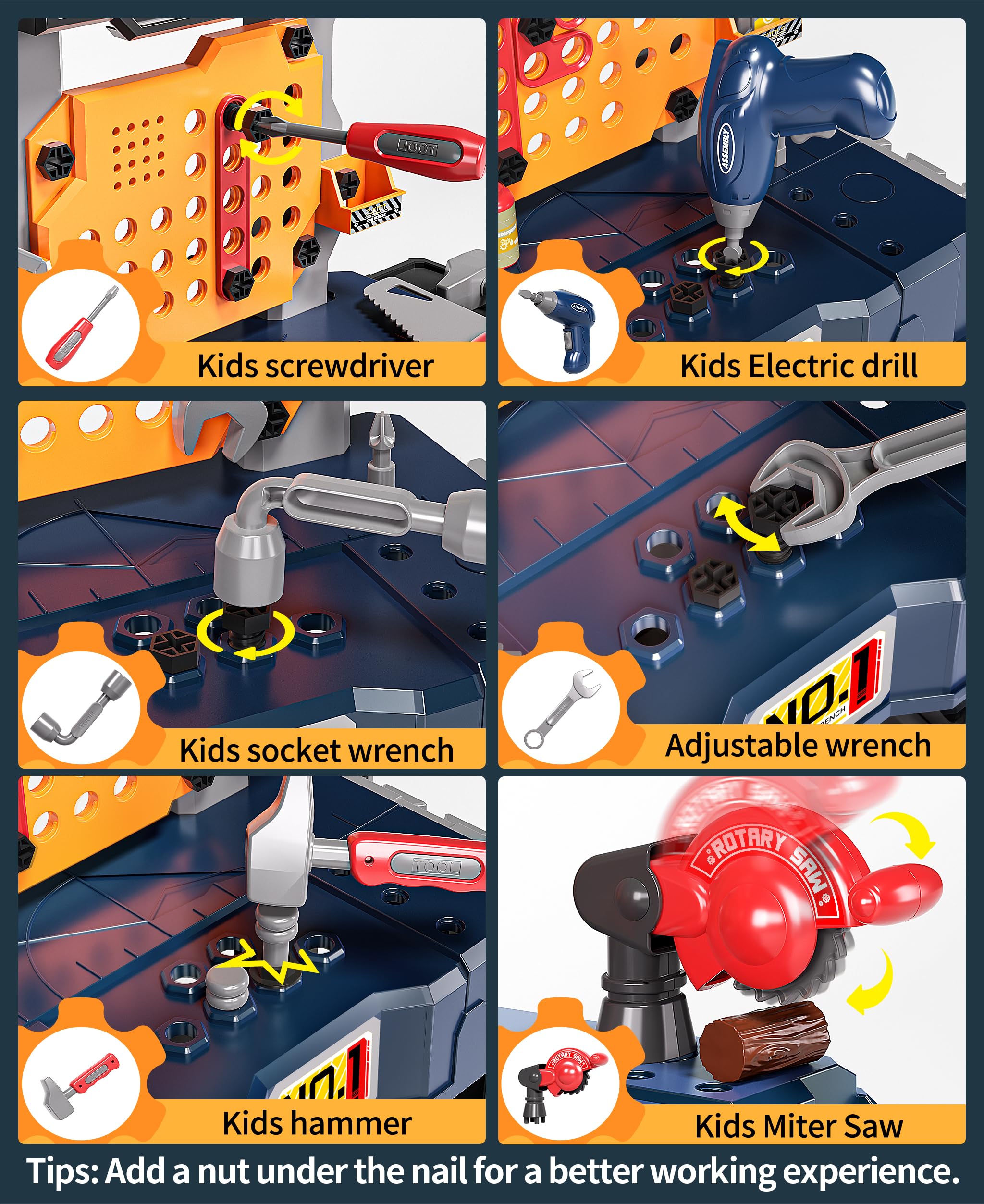 Deejoy Kids Tool Bench with mechanical miter saw enables realistic pretend construction.