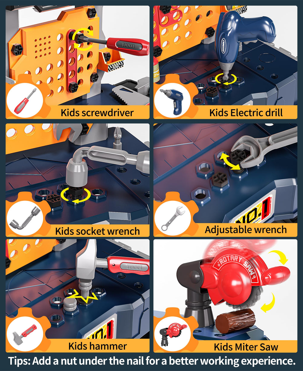 Deejoy Kids Tool Bench with mechanical miter saw enables realistic pretend construction.