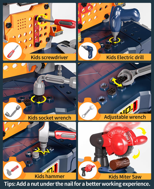 Deejoy Kids Tool Bench with mechanical miter saw enables realistic pretend construction.