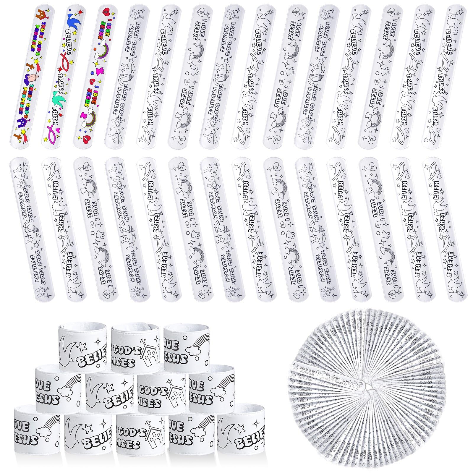 Deekin 72-pc color-your-own faith slap bracelets package for DIY crafts.