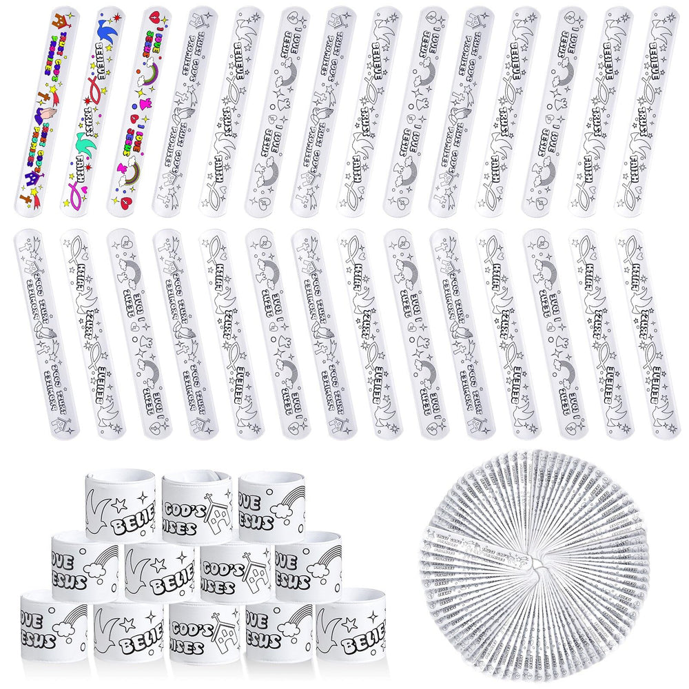 Deekin 72-pc color-your-own faith slap bracelets package for DIY crafts.